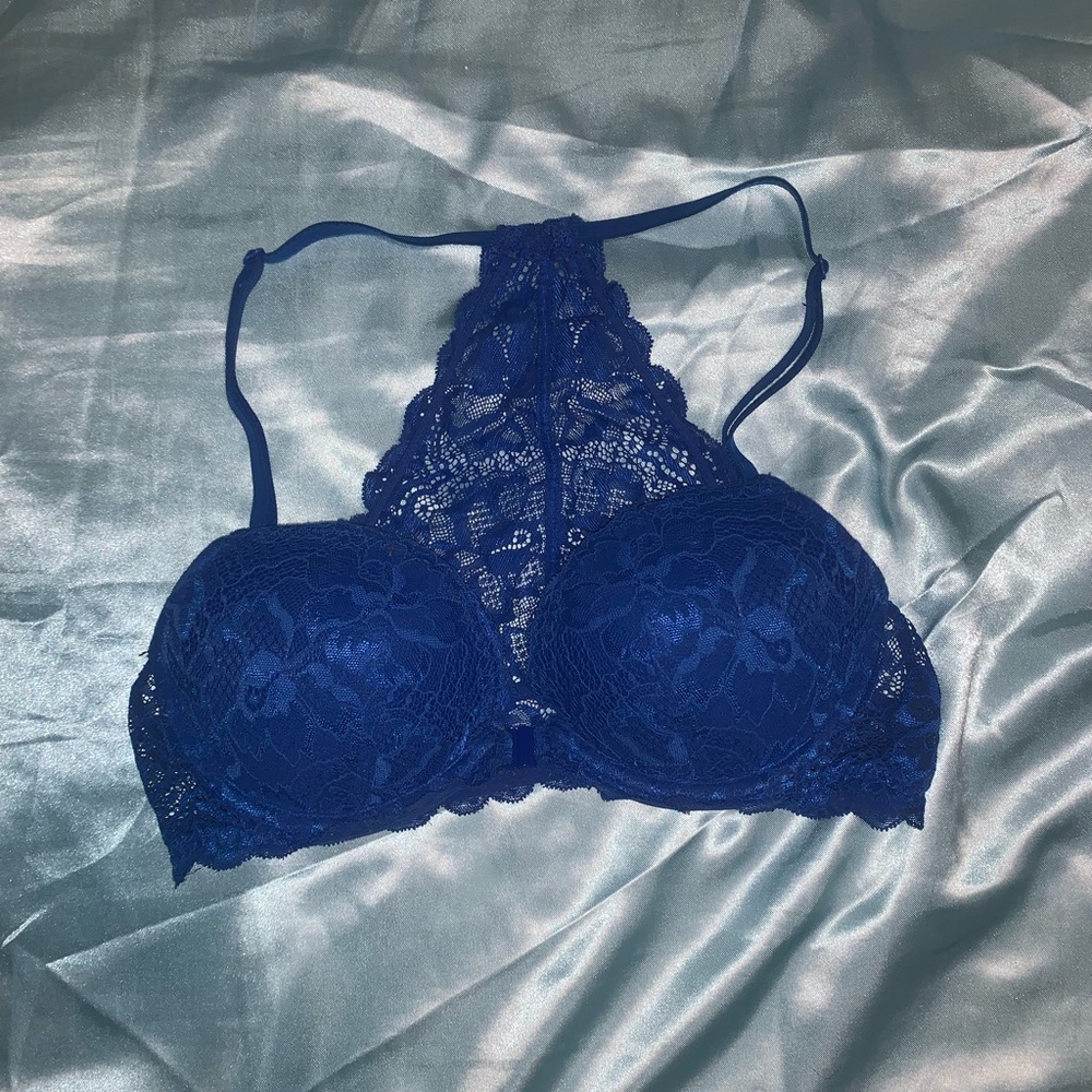 PINK front clasp royal blue lace push-up bra VS
